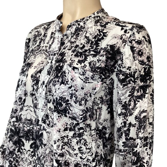 Rebecca‎ Taylor Top Size 4 Black & White Floral Silk Blouse Long Sleeve - Picture 5 of 8